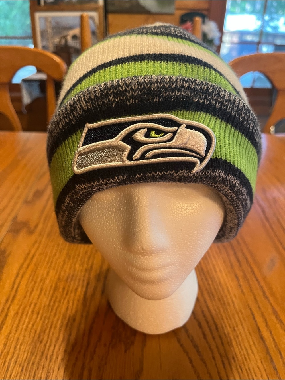 New Era Seattle Seahawks Green, White & Black Striped Beanie
